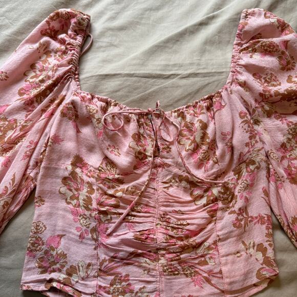 Free People Hilary floral pink Printed Top Pink Combo Boho crew summer /XS - Picture 7 of 10